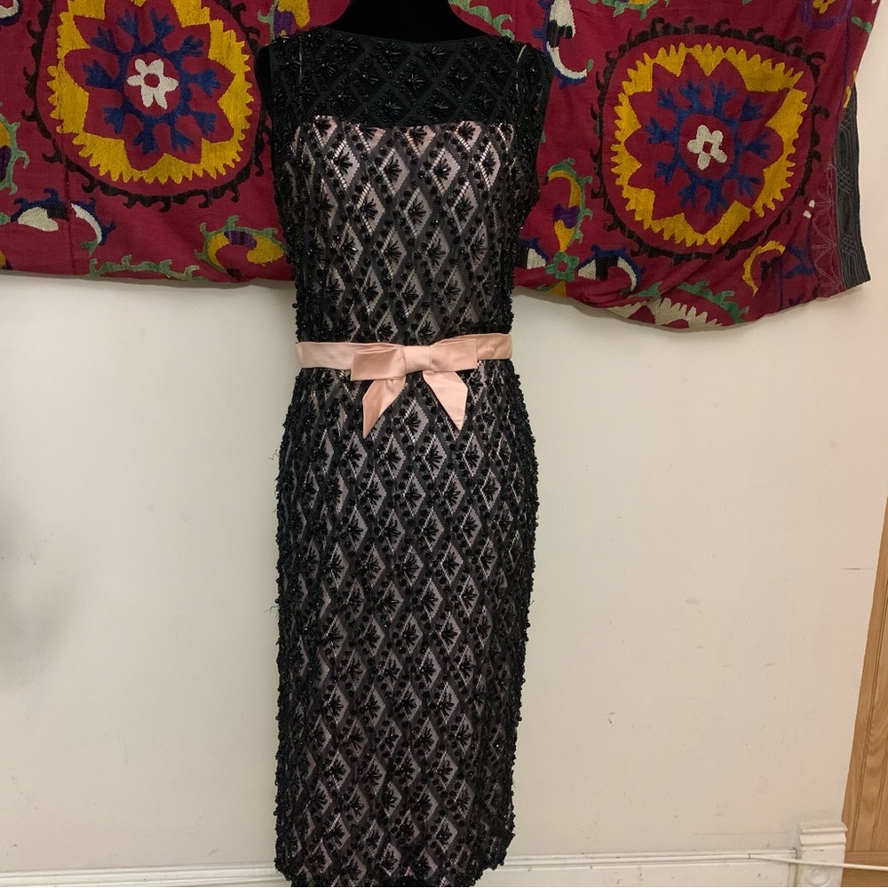 Vintage British Colony Hong Kong Black & Pink Beaded Party Dress